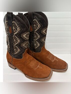 HOMETOWN Crazy Cafe Brown Suede Leather Square Toe Cowboy Boots Mens Size 11